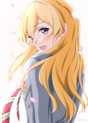  :d blazer blonde_hair blue_eyes commentary_request female floating_hair hair_between_eyes highres jacket long_hair long_sleeves looking_at_viewer looking_back miyazono_kawori necktie open_mouth petals school_uniform shigatsu_wa_kimi_no_uso simple_background smile solo take20131004 upper_body white_background 