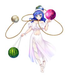  alternate_costume blue_eyes blue_hair blue_nails breasts cleavage closed_mouth dress female food fruit full_body game_cg hecatia_lapislazuli hecatia_lapislazuli_(earth) hecatia_lapislazuli_(tropical_goddess) highres looking_at_viewer medium_hair moon_(ornament) navel off_shoulder official_art pantyhose rotte_(1109) simple_background smile solo third-party_source touhou touhou_lostword watermelon white_background white_dress white_pantyhose 