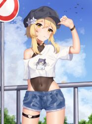  absurdres alternate_costume arm_behind_back arm_up black_hat blonde_hair blue_shorts blue_sky blush brown_leotard character_print cloud commentary_request covered_navel cutoffs day denim denim_shorts female flower genshin_impact hair_flower hair_ornament hand_on_headwear hat heart_o-ring highleg highleg_leotard highres keqing_(genshin_impact) leotard leotard_under_clothes looking_at_viewer lumine_(genshin_impact) milira mouth_hold off_shoulder outdoors print_shirt railing road_sign shirt short_hair_with_long_locks short_shorts shorts sidelocks sign signature sky solo sparkle thigh_strap white_flower white_shirt wristband yellow_eyes 