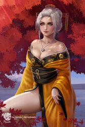  autumn autumn_leaves bangs_pinned_back bare_legs bare_shoulders breasts ciri cleavage commentary english_commentary female floral_print forehead green_eyes hair_bun hair_ornament hair_stick highres japanese_clothes jewelry kimono leg_lift lips makeup mascara medium_breasts necklace no_bra nose obi off_shoulder pendant prywinko realistic sash scar scar_across_eye scar_on_face single_hair_bun solo the_witcher_(series) the_witcher_3 thighs updo wide_sleeves witcher_medallion yellow_kimono 