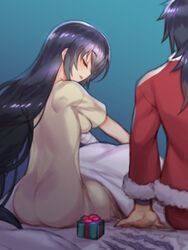  1boy ass black_hair blue_background breasts closed_eyes commentary_request dress female folks_(nabokof) fur-trimmed_jacket fur_trim gift_bag jacket long_hair long_sleeves medium_breasts pants parted_lips ponytail red_jacket red_pants rokurou_rangetsu santa_costume see-through_silhouette short_sleeves tales_of_(series) tales_of_berseria velvet_crowe very_long_hair white_dress 