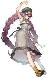  arm_up bracelet braid breasts brown_footwear brown_socks contemporary dated dorothy_(sinoalice) female full_body glasses jewelry large_breasts loafers long_hair ojo_aa over-rim_eyewear purple_eyes purple_hair red-framed_eyewear semi-rimless_eyewear shoes short_sleeves sinoalice socks solo twin_braids very_long_hair 