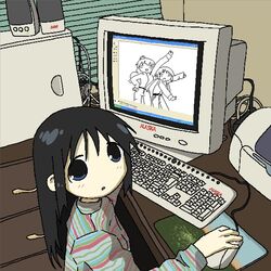  alternate_costume alternate_hairstyle black_eyes black_hair cable chito_(shoujo_shuumatsu_ryokou) commentary computer computer_keyboard computer_mouse computer_tower contemporary crt eli_(chibitoad) english_commentary female highres indoors long_hair long_sleeves looking_at_viewer looking_up microsoft_paint_(software) microsoft_windows monitor mousepad_(object) open_mouth printer shoujo_shuumatsu_ryokou sitting speaker windows_xp wooden_desk yuuri_(shoujo_shuumatsu_ryokou) 