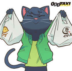  :&gt; animal_ears bag cat_ears cat_girl cat_tail commentary female furry furry_female green_jacket holding holding_bag jacket mugicaan1 odd_taxi plastic_bag shirt solo tail wadagaki_sakura yellow_shirt 