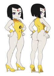  black_hair bob_cut colored_skin dc_comics female forehead_jewel full_body grey_skin high_heels highleg highleg_leotard highres kneepits lady_legasus leotard multiple_views purple_eyes raven_(dc) shiny_skin simple_background teen_titans teen_titans_go! white_background yellow_footwear yellow_leotard yuta_agc 