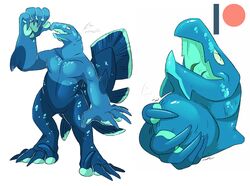  anthro blue_body blue_claws blue_pawpads blue_tail claws coelacanth fish front_view gills hanna_(myriad) imperatorcaesar lobe-finned_fish male marine markings neck_bulge open_mouth patreon patreon_logo pawpads signature solo spots spotted_body spotted_legs spotted_markings spotted_tail standing tail tail_markings 