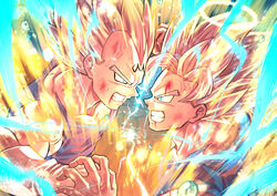  2boys battle blonde_hair bruise clenched_teeth dragon_ball dragon_ball_z electricity facial_mark forehead_mark gloves halo injury majin_vegeta male_focus mattari_illust multiple_boys rivalry sideways_mouth son_goku spiked_hair super_saiyan super_saiyan_2 teeth upper_body vegeta veins white_gloves 