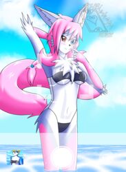  absurd_res anthro blush breasts camera_view canid canine clothing female fox fur fur_markings gris_swimsuit hi_res khblacky97 mammal markings meme meme_clothing one-piece_swimsuit photo raised_arm sea shion_ikigai shy_smile solo swimwear translucent translucent_clothing translucent_swimwear under_boob water 