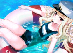  bare_arms bare_shoulders black_one-piece_swimsuit blonde_hair breasts commission female fine_fabric_emphasis ha_en hat highleg highleg_swimsuit innertube long_hair looking_at_viewer lying one-piece_swimsuit original peaked_cap pointy_ears red_eyes revision school_swimsuit small_breasts smile solo swim_ring swimsuit thighs water wet white_hat 