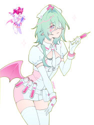  1boy absurdres anaxa_(honkai:_star_rail) artist_name bent_over closed_mouth female gloves green_hair heart highres holding holding_syringe honkai:_star_rail honkai_(series) inne1069 kasane_teto multicolored_eyes nurse one_eye_covered photo-referenced photo_inset pink_wings pointy_ears red_hair short_sleeves syringe thighhighs utau white_gloves white_thighhighs wings 