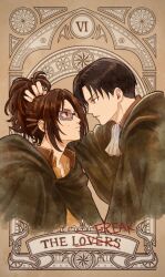  1boy 1other art_nouveau ascot black_hair brown_background brown_eyes brown_hair brown_jacket card_(medium) cloak closed_mouth commentary english_commentary furrowed_brow goggles grabbing_another's_hair green_cloak grey_eyes hange_zoe highres holding_another's_hair jacket levi_(shingeki_no_kyojin) looking_at_another mame_han_chan medium_hair other_with_male paradis_military_uniform parted_bangs parted_lips ponytail roman_numeral shingeki_no_kyojin short_hair sweatdrop tarot tarot_(medium) the_lovers_(tarot) upper_body white_ascot 