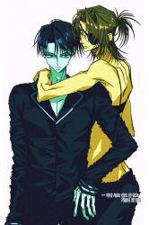  1boy 1other arm_around_neck bare_shoulders black_bra black_hair black_jacket black_pants bra brown_hair closed_mouth commentary_request cowboy_shot eyepatch glasses half_updo hange_zoe highres jacket korean_commentary levi_(shingeki_no_kyojin) light_smile medium_hair midriff other_with_male pale_skin pants parted_bangs ponytail shingeki_no_kyojin short_hair tan translated underwear white_background z1png 