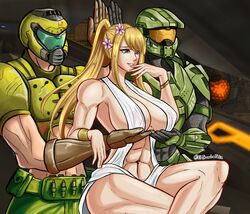  1girls 2boys abs big_breasts blonde blonde_hair breast_hold breast_support breasts comedy crossover doom doom_slayer_(doom) eastern_and_western_character eljarochofeliz female female_focus finger_to_face fit_female halo_(series) hands_under_breasts holding_breast holding_up_breasts huge_breasts human male male_human male_spartan_(halo) master_chief meme metroid muscles muscular muscular_female muscular_male parody pose record_of_ragnarok samus_aran servants_holding_aphrodite&#039;s_breasts_(meme) smile spartan_ii_(halo) voluptuous 