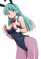  animal_ears aqua_hair black_leotard blue_eyes bow bowtie breasts bulma_briefs cowboy_shot detached_collar dragon_ball dragon_ball_(classic) female highres ikaringo leotard long_hair medium_breasts pantyhose playboy_bunny purple_pantyhose rabbit_ears rabbit_tail red_bow red_bowtie simple_background solo strapless strapless_leotard tail white_background wrist_cuffs 