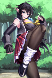  :o artist_name black_footwear black_gloves black_hair black_pantyhose blue_eyes borrowed_character breasts clenched_hand crop_top elbow_gloves elf female gloves highres kicking kutsuda_miru large_breasts long_hair loose_socks original panties panties_under_pantyhose pantyhose pleated_skirt pointy_ears red_panties red_skirt signature skirt socks solo sweat underwear white_socks 