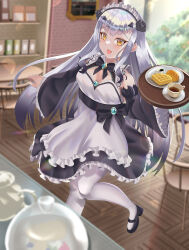  absurdres bare_shoulders black_dress blush breasts brooch cleavage coffee cup detached_sleeves dress fate/grand_order fate_(series) female flower food forked_eyebrows hair_flower hair_ornament highres jewelry long_hair looking_at_viewer maid_headdress medium_breasts melusine_(fate) open_mouth pantyhose plate raji_(largesaint2210) sidelocks smile solo tray waffle white_hair white_pantyhose yellow_eyes 