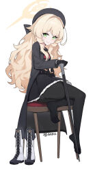  absurdres black_coat black_dress black_gloves black_hat black_pantyhose blonde_hair blue_archive boots cane closed_mouth coat dress female full_body gloves green_eyes halo hat highres holding holding_cane lan_mao_akko long_hair long_sleeves no_shoes panties panties_under_pantyhose pantyhose professor_niyaniya_(blue_archive) simple_background sitting smile solo underwear unworn_boots very_long_hair white_background 