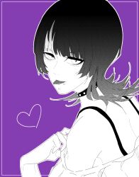  1boy :p androgynous bare_shoulders black_hair bra_strap chin_piercing collar eyelashes gradient_hair greyscale_with_colored_background heart highres hoshi_kirara jujutsu_kaisen lip_piercing male_focus multicolored_hair off-shoulder_sweater off_shoulder piercing purple_background skullcross solo spiked_collar spikes star-shaped_pupils star_(symbol) streaked_hair sweater symbol-shaped_pupils tongue tongue_out upper_body white_hair 