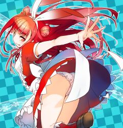  apron beatmania_iidx blue_background brown_footwear checkered_background female fingernails hairband inpr licking_lips outstretched_arm panties red_eyes red_ribbon red_socks ribbon socks solo tongue tongue_out twitter_username umegiri_ameto underwear upskirt white_apron white_hairband white_panties 