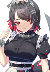  apron black_dress black_hair breasts candy colored_inner_hair dress ellen_joe female fins fish_tail food highres large_breasts lollipop looking_at_viewer maid_headdress metal_hairband multicolored_hair puffy_short_sleeves puffy_sleeves red_eyes red_hair ryofuhiko shark_girl shark_tail short_hair short_sleeves solo spiked_headband tail waist_apron zenless_zone_zero 