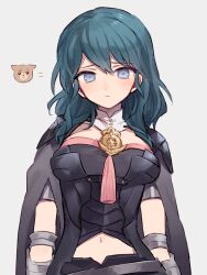  arms_at_sides black_cape blue_eyes blue_hair blush byleth_(female)_(fire_emblem) byleth_(fire_emblem) cape closed_mouth clothing_cutout female fire_emblem fire_emblem:_three_houses grey_background hair_between_eyes long_hair looking_at_viewer midriff navel navel_cutout simple_background solo soto tassel upper_body 