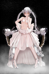  alternate_costume black_hair breasts destroyer_(girls&#039;_frontline) dress elbow_gloves female full_body girls&#039;_frontline gloves grey_hair high_heels highres multicolored_hair nail_polish navel panties popoman sangvis_ferri see-through see-through_skirt skirt solo standing streaked_hair thighhighs twintails underwear wedding_dress white_panties white_thighhighs yellow_eyes 