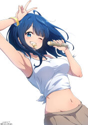  absurdres armpits blue_eyes blue_hair bracelet breasts chikuwa commentary_request female food highres jewelry make_heroine_ga_oo_sugiru! medium_breasts medium_hair midriff mouth_hold navel nishizuki_shino one_eye_closed shirt simple_background solo tied_shirt v white_background white_hair yanami_anna yellow_bracelet 