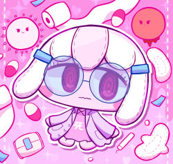  @_@ arms_at_sides blue-framed_eyewear buttons chibi chibi_only closed_mouth clothes_writing collared_dress commentary_request dress female full_body glasses heart heart_button highres jacket kneeling lapels long_sleeves looking_at_viewer menstrual_pad open_clothes open_jacket original pepoyo pill pink_background pink_dress pink_eyes pocket purple_jacket round_eyewear simple_background solo sparkle tampon toilet_paper virus wavy_mouth 