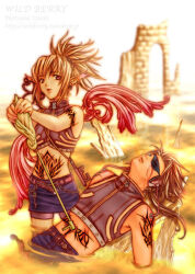  1boy arm_tattoo arms_up artist_name belt bike_shorts_under_skirt blonde_hair blue_skirt brick brown_belt brown_eyes brown_hair commentary_request cropped_vest cyborg earrings eyepatch female high_collar high_ponytail holding holding_key in_water izumi_natsuka jewelry key looking_to_the_side lying midriff on_back original parted_lips pointy_ears ponytail purple_vest red_wings scar scar_across_eye scar_on_cheek scar_on_face short_hair sidelocks skirt stomach_tattoo stud_earrings surreal tattoo tribal_tattoo upper_body vest water wings wire 