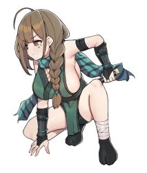  aa211108 absurdres ahoge arm_guards bare_shoulders bike_shorts braid breasts brown_eyes brown_hair female fingerless_gloves fishnets gloves green_scarf green_tunic highres holding holding_weapon idolmaster idolmaster_shiny_colors kneeling kuwayama_chiyuki large_breasts long_hair ninja pelvic_curtain scarf sideboob single_braid solo tabi thighs weapon 