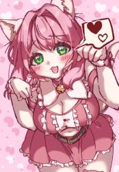  :3 animal_ears bell belt bent_over blush breasts cat_ears cat_tail center_frills cleavage cowboy_shot female frills green_eyes hair_intakes hanazono_hakari heart kimi_no_koto_ga_dai_dai_dai_dai_daisuki_na_100-nin_no_kanojo large_breasts medium_hair navel neck_bell paw_pose pink_hair pink_shirt pink_skirt sano_ikiro shirt skirt solo speech_bubble tail wristband 