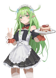  absurdres apron black_dress black_souls black_souls_2 cake closed_mouth detached_sleeves dress female food frilled_apron frilled_dress frills green_eyes green_hair hair_flaps hand_up highres holding holding_tray kirri leaf_(black_souls) long_hair looking_at_viewer plate short_sleeves sidelocks smile solo tray v 