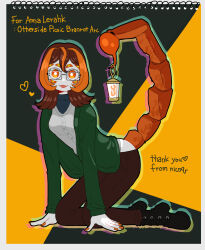  absurdres arthropod_girl boots brown_hair cardigan commentary_request commission extra_eyes female full_body green_background green_jacket grey_cardigan highres holding holding_with_tail jacket kneeling lantern long_hair looking_at_viewer monster_girl nicoq_(koikoihaihai) orange_eyes orange_hair original prehensile_tail scorpion_girl scorpion_tail skeb_commission solo tail yellow_background 