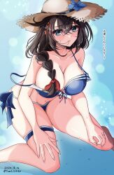  absurdres alternate_costume bikini black_hair blue_bikini blue_eyes braid brown_hat female flower front-tie_bikini_top front-tie_top hair_flaps hair_flower hair_ornament hair_over_shoulder hat highres kantai_collection long_hair mouth_hold shigure_(kancolle) shigure_kai_san_(kancolle) shigure_kai_san_(swimsuit)_(kancolle) side-tie_bikini_bottom single_braid solo strap_slip straw_hat swimsuit toms 