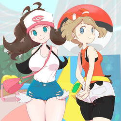  2girls ass between_breasts breasts clothing cute hilda_(pokemon) human may_(pokemon) may_(pokemon_oras) microsd_(artist) nintendo pokemon pokemon_bw pokemon_oras thick_thighs 