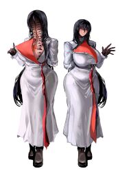  black_eyes black_hair blood blood_from_mouth breasts bustier dress extra_eyes female highres horror_(theme) huge_breasts long_hair looking_at_viewer original sfour_s4 solo very_long_hair white_dress 
