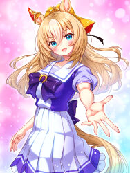  animal_ears blonde_hair blue_eyes blush bow bowtie breasts collarbone commentary_request durandal_(umamusume) ear_covers female hair_between_eyes highres horse_ears horse_girl horse_tail large_breasts long_hair looking_at_viewer multicolored_hair open_mouth pleated_skirt puffy_short_sleeves puffy_sleeves purple_bow purple_bowtie purple_shirt reaching reaching_towards_viewer sailor_collar sailor_shirt school_uniform shirt short_sleeves single_ear_cover skirt smile solo sugimotty_nova tail tracen_school_uniform two-tone_hair umamusume white_sailor_collar white_skirt 