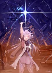  absurdres arm_up chucky_(chucky1000sun) commentary_request dress earrings female halo highres id_card jacket jewelry long_hair mornye_(wuthering_waves) open_mouth purple_dress see-through_body signature solo triangle_earrings white_jacket wuthering_waves 