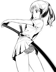 accidental_exposure ass breasts cowboy_shot female from_side fukushima_masayasu greyscale hair_ornament hair_scrunchie highres holding holding_sword holding_weapon katana line_art monochrome original panties pleated_skirt ponytail scrunchie short_hair sidelocks simple_background skirt small_breasts solo striped_clothes striped_panties sword thighs underwear weapon white_background 