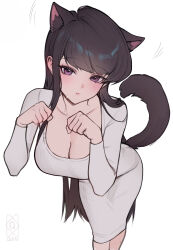  absurdres animal_ears artist_logo black_eyes black_hair blush breasts cat_ears cat_tail cleavage closed_mouth dongtan_dress dress female grey_dress hands_up highres kemonomimi_mode komi-san_wa_komyushou_desu komi_shouko large_breasts leaning_forward logo long_hair long_sleeves paw_pose quilm simple_background solo standing tail tight_clothes tight_dress very_long_hair white_background 