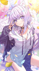 absurdres ahoge animal_ear_fluff animal_ears balloon black_choker black_jacket blush breasts cat_ears cat_girl cat_tail choker cleavage closed_mouth commentary_request female heart_balloon highres hololive jacket long_hair medium_breasts nekomata_okayu petals pillow purple_eyes purple_hair purple_petals shine_kyou shirt sleeves_past_wrists smile solo tail virtual_youtuber white_shirt 