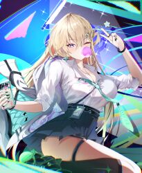  absurdres aqua_necktie black_nails black_skirt blowing_bubble_gum breasts cellphone chewing_gum cleavage commentary_request earrings female fingernails hair_between_eyes hand_up highres holding holding_phone id_card jacket jewelry korean_commentary large_breasts lastfor long_fingernails looking_at_viewer lynae_(wuthering_waves) necklace necktie phone purple_eyes shirt shirt_tucked_in skirt smartphone solo star_(symbol) star_earrings v white_jacket white_shirt wuthering_waves 