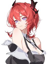  arknights arknights:_endfield bare_shoulders black_horns black_jacket breasts cleavage closed_mouth commentary dodosaae double-parted_bangs female hair_between_eyes hair_intakes hashtag-only_commentary highres horns jacket laevatein_(arknights) large_breasts long_hair off_shoulder purple_eyes red_hair simple_background solo surtr_(arknights) upper_body white_background 