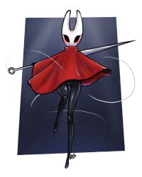  2026 2_horns 4:5 absurd_res arthropod biped black_body black_eyes blush cloak clothed clothing empty_eyes eyelashes featureless_crotch female hi_res holding_melee_weapon holding_object holding_weapon hollow_knight_(franchise) horn hornet_(hollow_knight) melee_weapon red_cloak red_clothing rozboiart signature solo standing team_cherry thread weapon wide_hips 