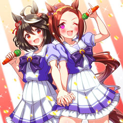  2girls ahoge animal_ears black_hair blush bow bowtie breasts brown_hair commentary_request flower_in_eye gold_hairband hair_between_eyes hair_ornament hairband highres holding holding_hands holding_microphone horse_ears horse_girl horse_tail kitasan_black_(umamusume) long_hair looking_at_viewer medium_breasts microphone multicolored_hair multiple_girls one_eye_closed open_mouth pleated_skirt ponytail puffy_short_sleeves puffy_sleeves purple_bow purple_bowtie purple_eyes purple_shirt red_eyes sailor_collar sailor_shirt sakura_bakushin_o_(umamusume) school_uniform shirt short_hair short_sleeves skirt smile streaked_hair sugimotty_nova symbol_in_eye tail tracen_school_uniform umamusume white_hair white_sailor_collar white_skirt 