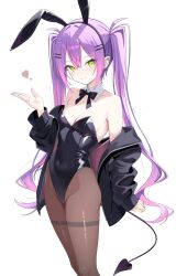  absurdres animal_ear_hairband animal_ears barbell_piercing bare_shoulders black_bow black_bowtie black_jacket black_leotard black_pantyhose bow bowtie breasts center-flap_bangs cleavage closed_mouth commentary_request covered_navel cowboy_shot demon_girl demon_tail detached_collar ear_piercing earrings fake_animal_ears female gradient_hair green_eyes hair_between_eyes hair_ornament hairband hairclip hand_up highleg highleg_leotard highres hololive industrial_piercing jacket jewelry leotard long_hair looking_at_viewer multicolored_hair nekonosuke off_shoulder paid_reward_available pantyhose parallel_hairclips piercing pink_hair playboy_bunny pointy_ears purple_hair rabbit_ear_hairband rabbit_ears simple_background small_breasts smile solo spiked_ear_piercing strapless strapless_leotard tail tail_ornament tail_piercing thighband_pantyhose tokoyami_towa twintails virtual_youtuber white_background 