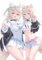  2girls :d animal_collar animal_ears bandaid bandaid_hair_ornament belt bib_collar black_collar black_jacket blonde_hair blue_belt blue_eyes blue_hairband blue_streaks breasts cleavage_cutout clothing_cutout collar commentary_request cropped_jacket cropped_shirt crossed_bangs cutout_above_navel dog_ears dog_girl dog_tail double-parted_bangs dress fake_horns flat_chest frilled_shirt_collar frilled_shorts frills fur-trimmed_jacket fur_trim fuwawa_abyssgard fuwawa_abyssgard_(1st_costume) hair_between_eyes hair_intakes hair_ornament hairband hairclip hand_up headphones headphones_around_neck highres hololive hololive_english horn_hairband horns jacket large_breasts long_hair long_sleeves looking_at_viewer mococo_abyssgard mococo_abyssgard_(1st_costume) multicolored_hair multiple_girls oerba_yun_fang off_shoulder parallel_hairclips partial_commentary pink_belt pink_eyes pink_hairband pink_streaks seriponpoyon shirt short_dress short_hair short_shorts shorts siblings simple_background sisters skin_fang smile spiked_collar spikes streaked_hair tail twins two_side_up virtual_youtuber white_background white_dress white_shirt white_shorts x_hair_ornament 