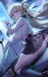  absurdres aqua_necktie ass black_nails black_panties black_shoes black_skirt blonde_hair blowing_bubble_gum blue_eyes blush bracelet braid braided_bangs breasts chewing_gum chinese_commentary commentary earrings female from_behind from_side gradient_background hair_intakes hair_ornament hair_rings hand_up head_tilt headphones headphones_around_neck highres jewelry kneehighs large_breasts legs long_hair looking_at_viewer lynae_(wuthering_waves) miniskirt motor_vehicle motorcycle nail_polish necktie on_motorcycle panties pantyshot pleated_skirt qianshui_baodan school_uniform shirt shirt_tucked_in shoes sideboob sidelocks single_hair_ring sitting skirt skull_hair_ornament socks solo star_(symbol) star_earrings tacet_mark_(wuthering_waves) thighs three-quarter_sleeves turning_head underwear v very_long_hair white_shirt wind wind_lift wuthering_waves 