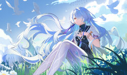  absurdres bird blue_sky breasts chinese_commentary closed_mouth colored_eyelashes commentary_request day dress earrings female grey_hair hair_ornament hair_over_one_eye hand_on_own_chest highres id_card jacket jewelry knees_up long_hair looking_ahead mornye_(wuthering_waves) purple_dress red_eyes see-through_body sitting sky small_breasts solo tns-yoru triangle_earrings very_long_hair white_bird white_jacket wind wuthering_waves 