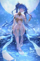  absurdres ahoge armlet bare_shoulders barefoot_sandals_(jewelry) blue_eyes blue_hair blue_nails blue_theme bracer breasts cleavage cleavage_cutout closed_mouth clothing_cutout detached_sleeves dress feet female full_body full_moon gladiator_sandals hair_between_eyes hair_ornament head_tilt highres holding holding_own_hair iuno_(wuthering_waves) jewelry korean_commentary leg_ribbon legs long_hair looking_at_viewer medium_breasts moon nail_polish night petals rething ribbon ring ripples sandals sitting skirt smile soaking_feet solo toe_ring toenail_polish toenails toes twintails very_long_hair water wuthering_waves 